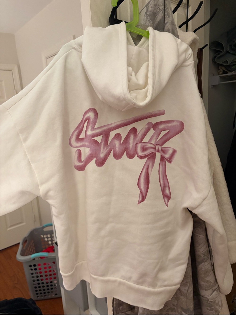 Pull&Bear White Hoodie with Pink Graffiti Logo